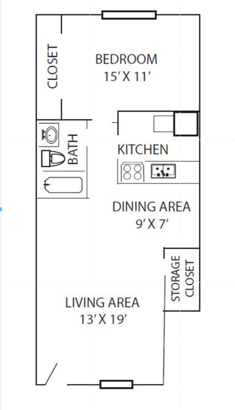 Floor plan for 1 bed, 1 bath, 558 sqft